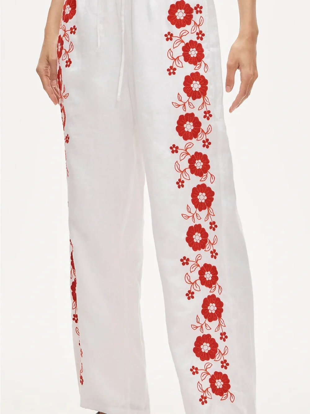 J. Crew NWT Soleil White Wide-Leg Linen Pants with Red Floral Embroidery XXS
